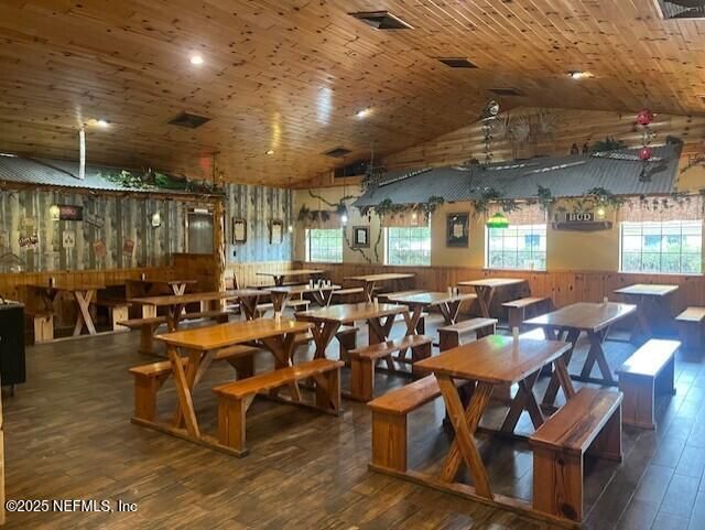 Dining room, Interior, Pendant Lights, Recessed Lighting, Wooden Ceilings, Wood Texture Flooring