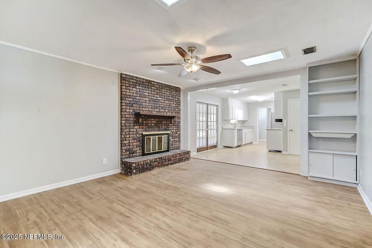 Empty room, Fireplace, Interior, Kitchen, Stone Walls, Wood Texture Flooring