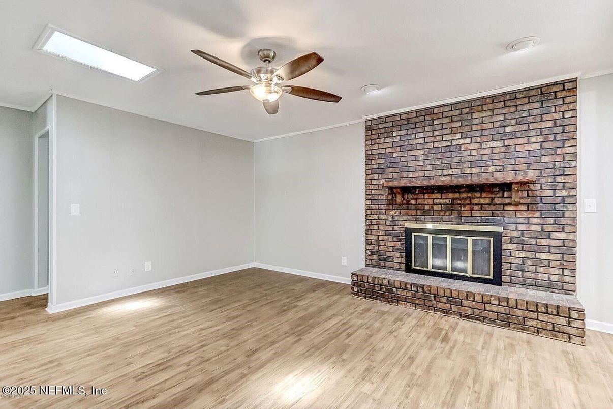 Empty room, Fireplace, Interior, Stone Walls, Wood Texture Flooring