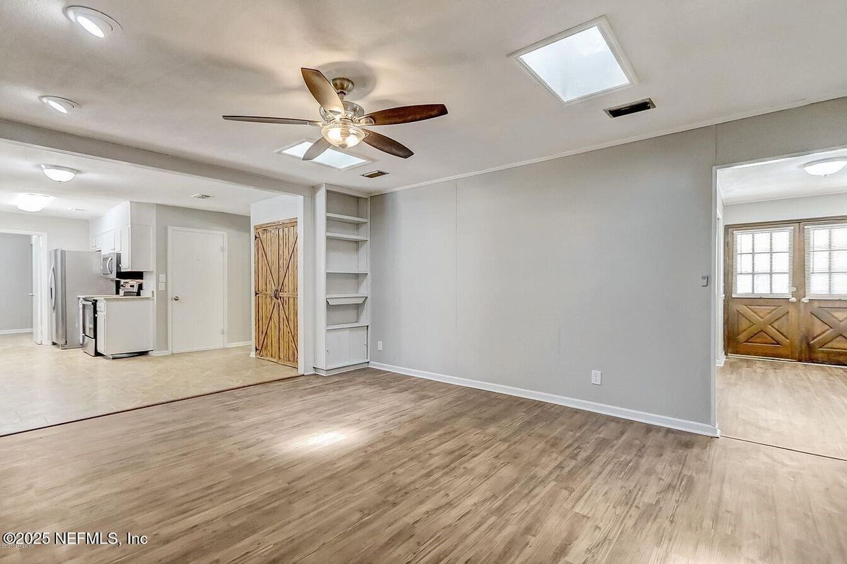 Empty room, Interior, Kitchen, Recessed Lighting, Wood Texture Flooring