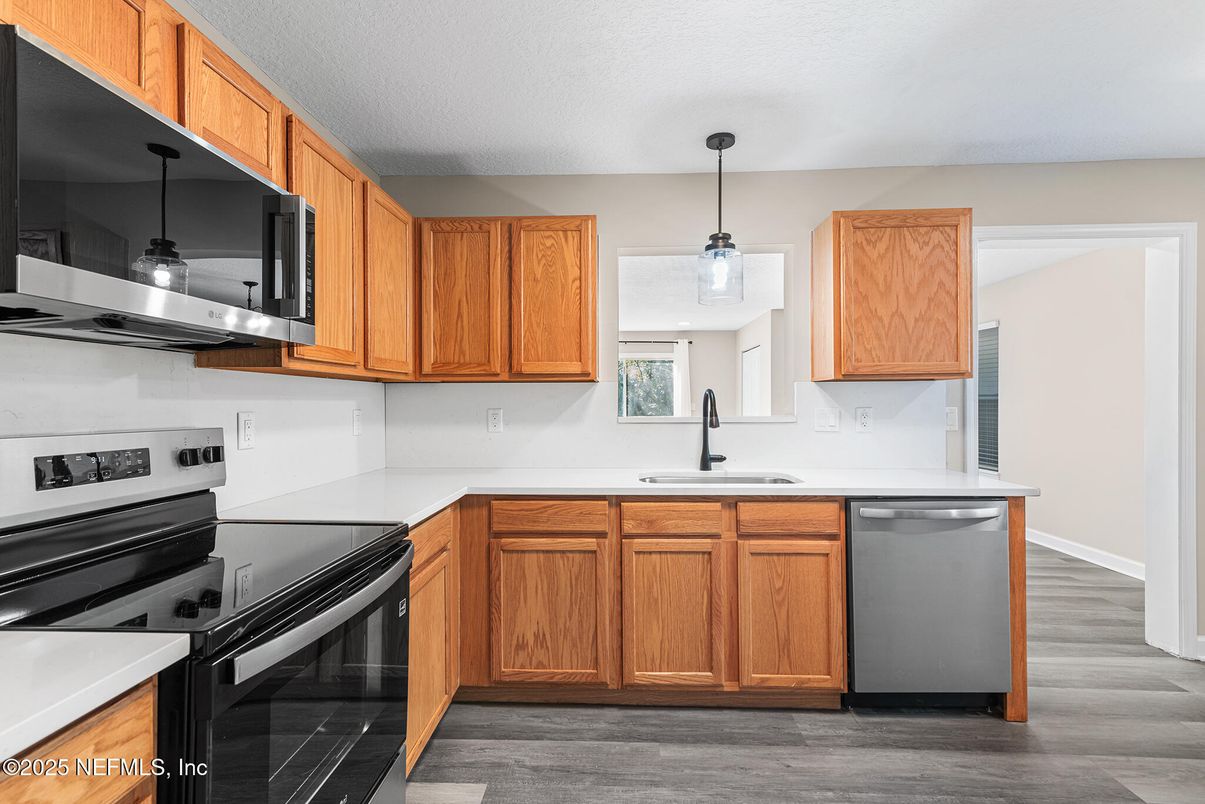 Interior, Kitchen, Pendant Lights, Stainless Steel Appliances, Wood Texture Flooring