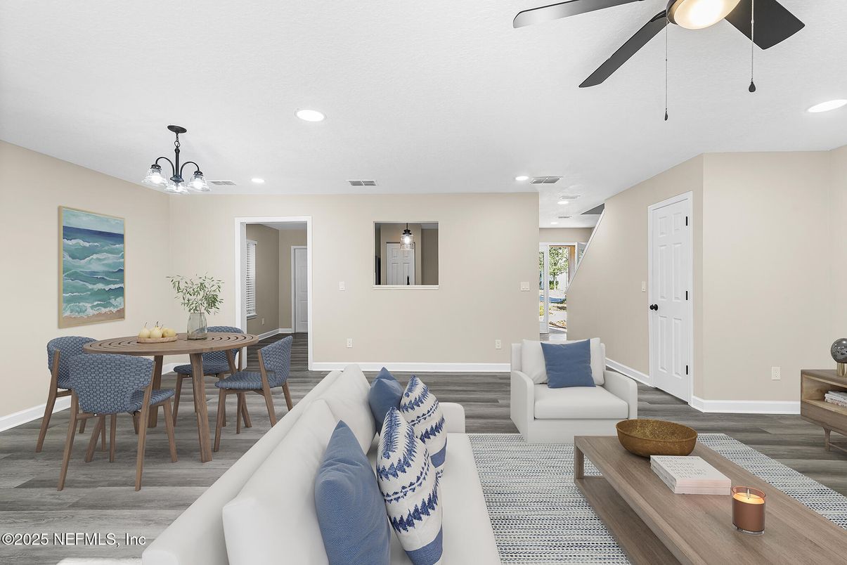 Dining room, Interior, Living room, Recessed Lighting, Wood Texture Flooring