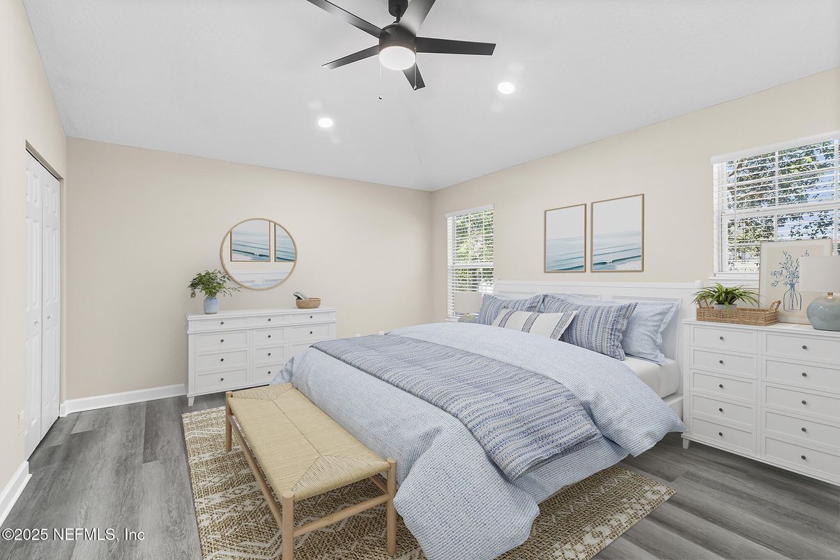 Bedroom, Interior, Recessed Lighting, Wood Texture Flooring