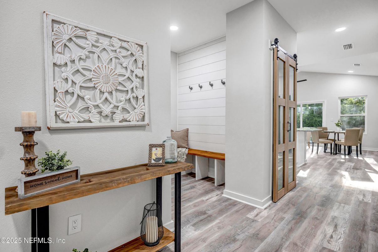 Dining room, Interior, Recessed Lighting, Wood Texture Flooring