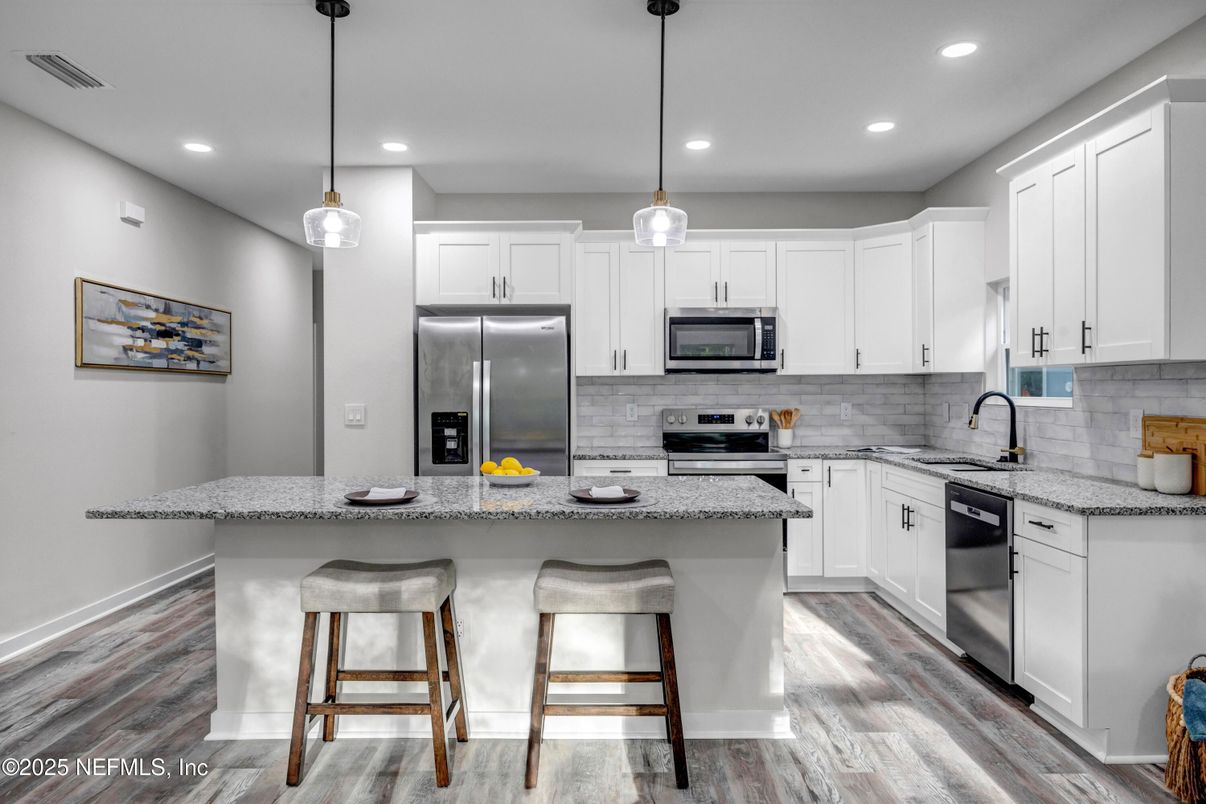 Interior, Kitchen, Pendant Lights, Recessed Lighting, Stainless Steel Appliances, Wood Texture Flooring
