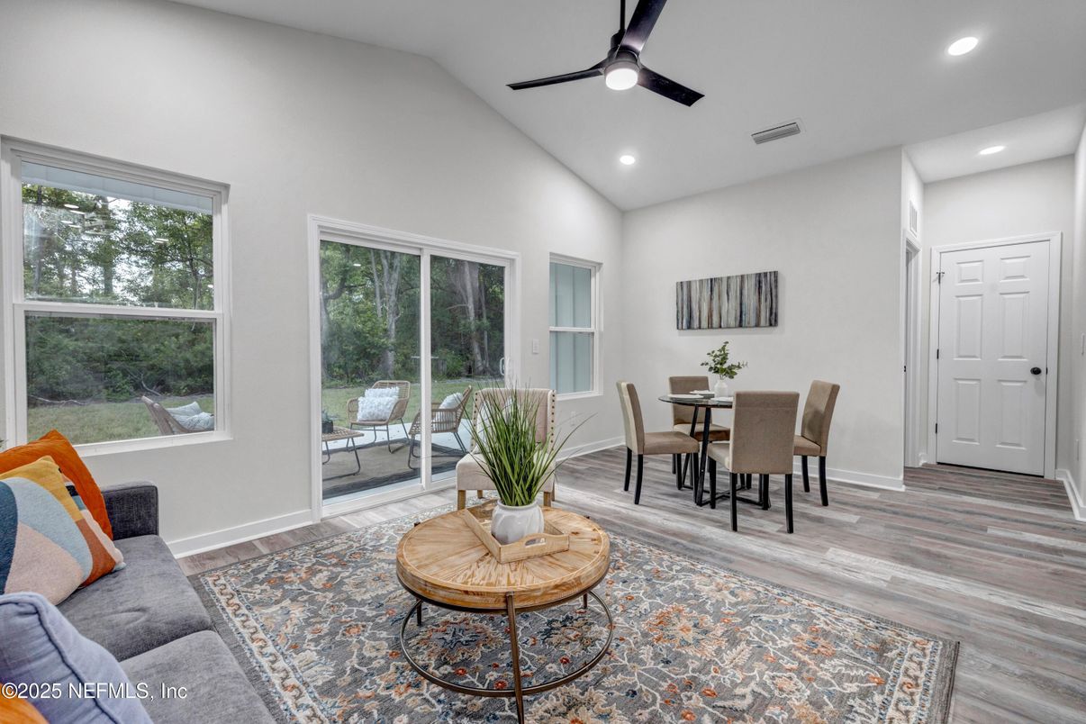 Dining room, Interior, Recessed Lighting, Wood Texture Flooring