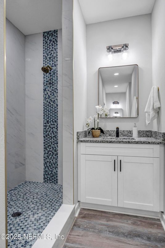 Bathroom, Interior, Marble Walls, Recessed Lighting, Wood Texture Flooring