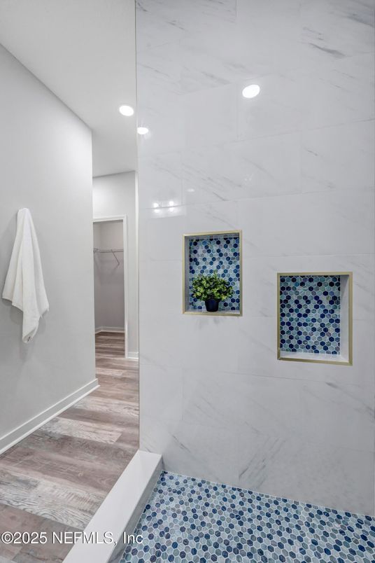 Bathroom, Interior, Marble Walls, Recessed Lighting, Wood Texture Flooring