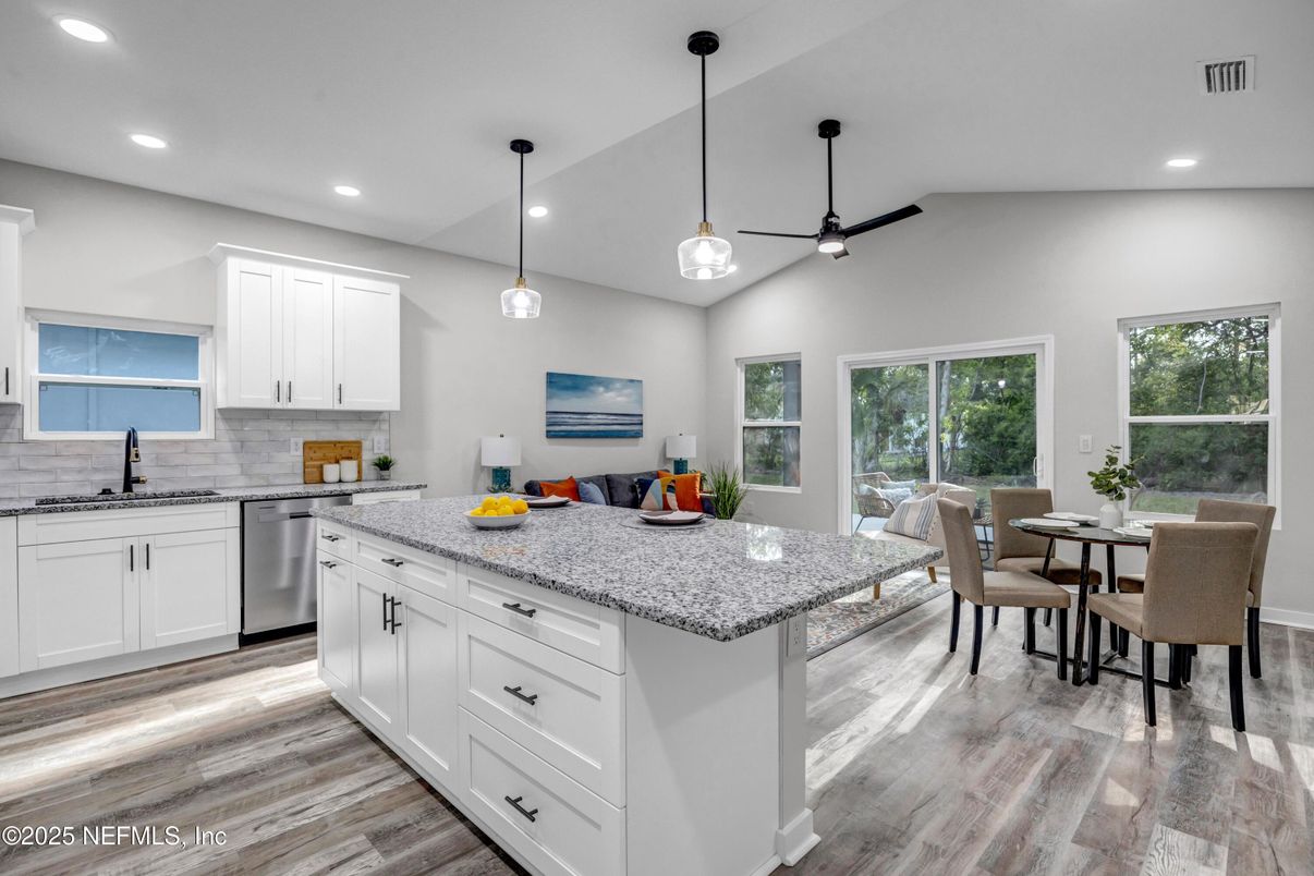 Dining room, Interior, Kitchen, Pendant Lights, Recessed Lighting, Wood Texture Flooring