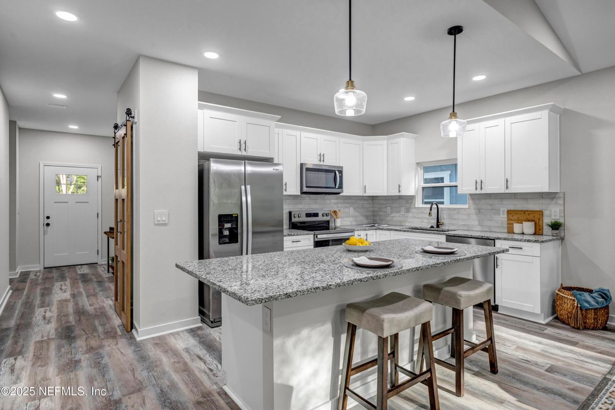 Interior, Kitchen, Pendant Lights, Recessed Lighting, Stainless Steel Appliances, Wood Texture Flooring