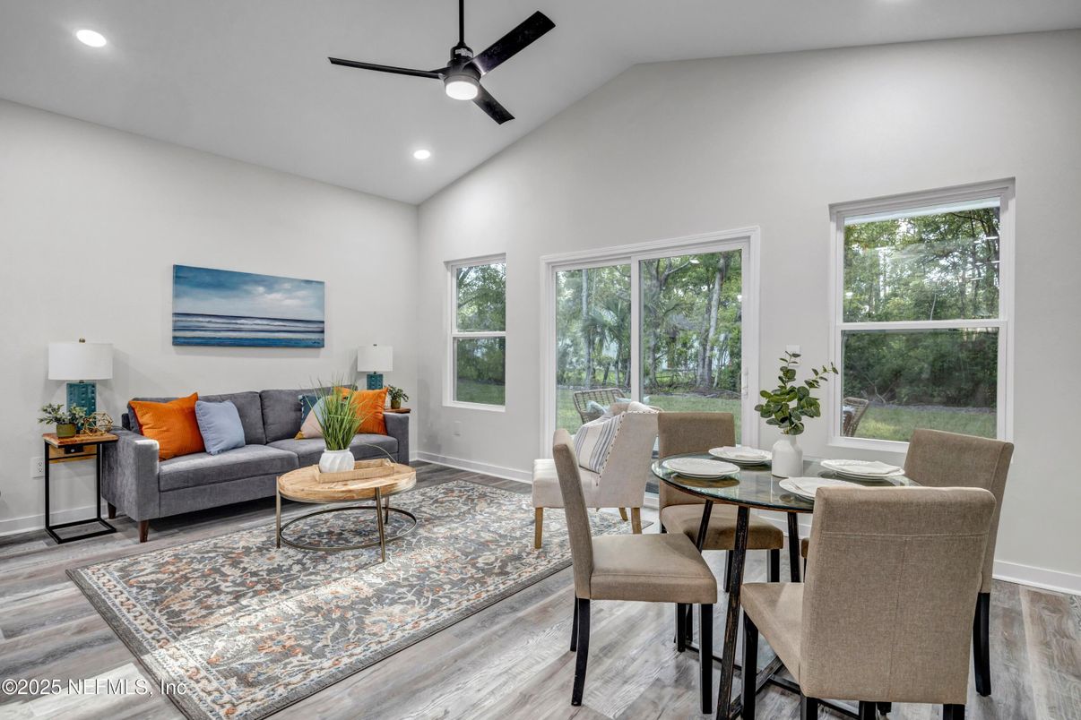 Dining room, Interior, Living room, Recessed Lighting, Wood Texture Flooring