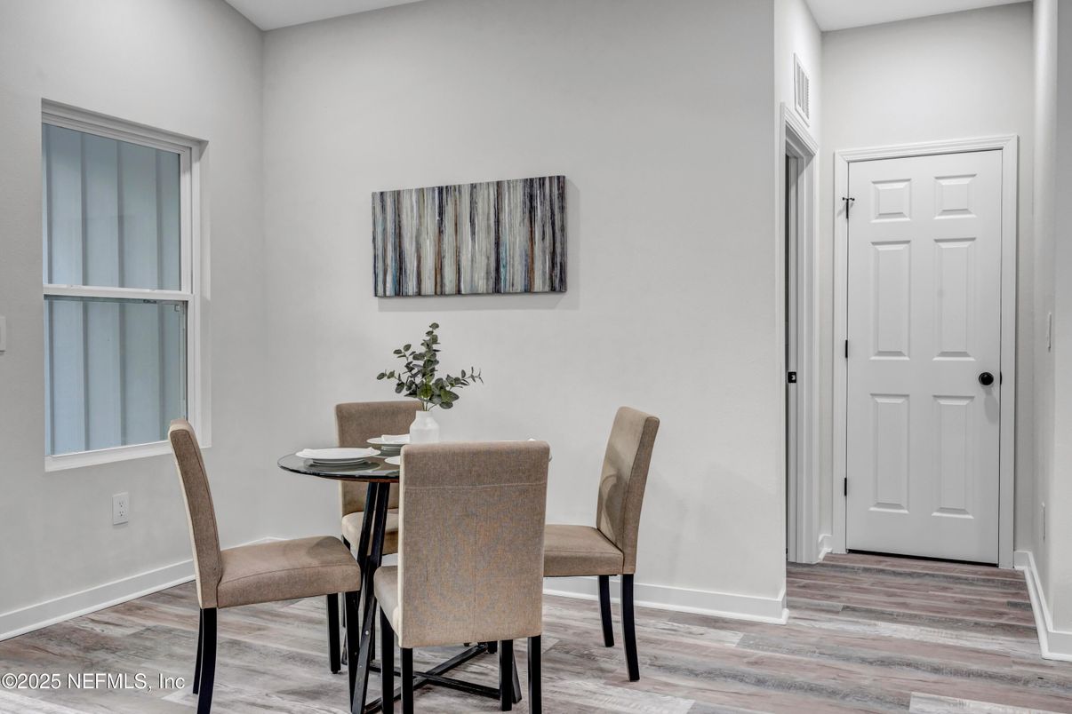 Dining room, Interior, Recessed Lighting, Wood Texture Flooring