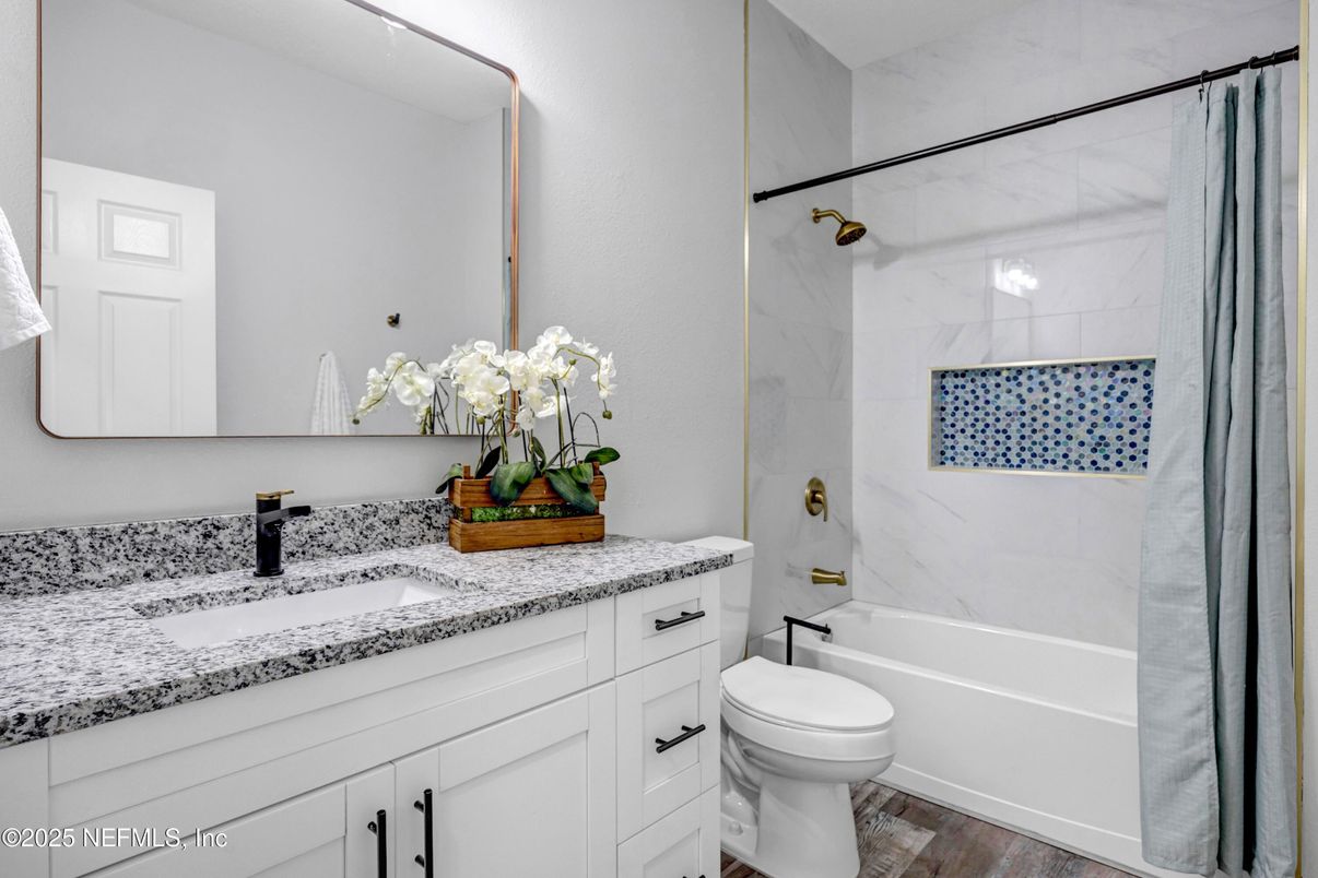 Bathroom, Interior, Marble Walls, Wood Texture Flooring