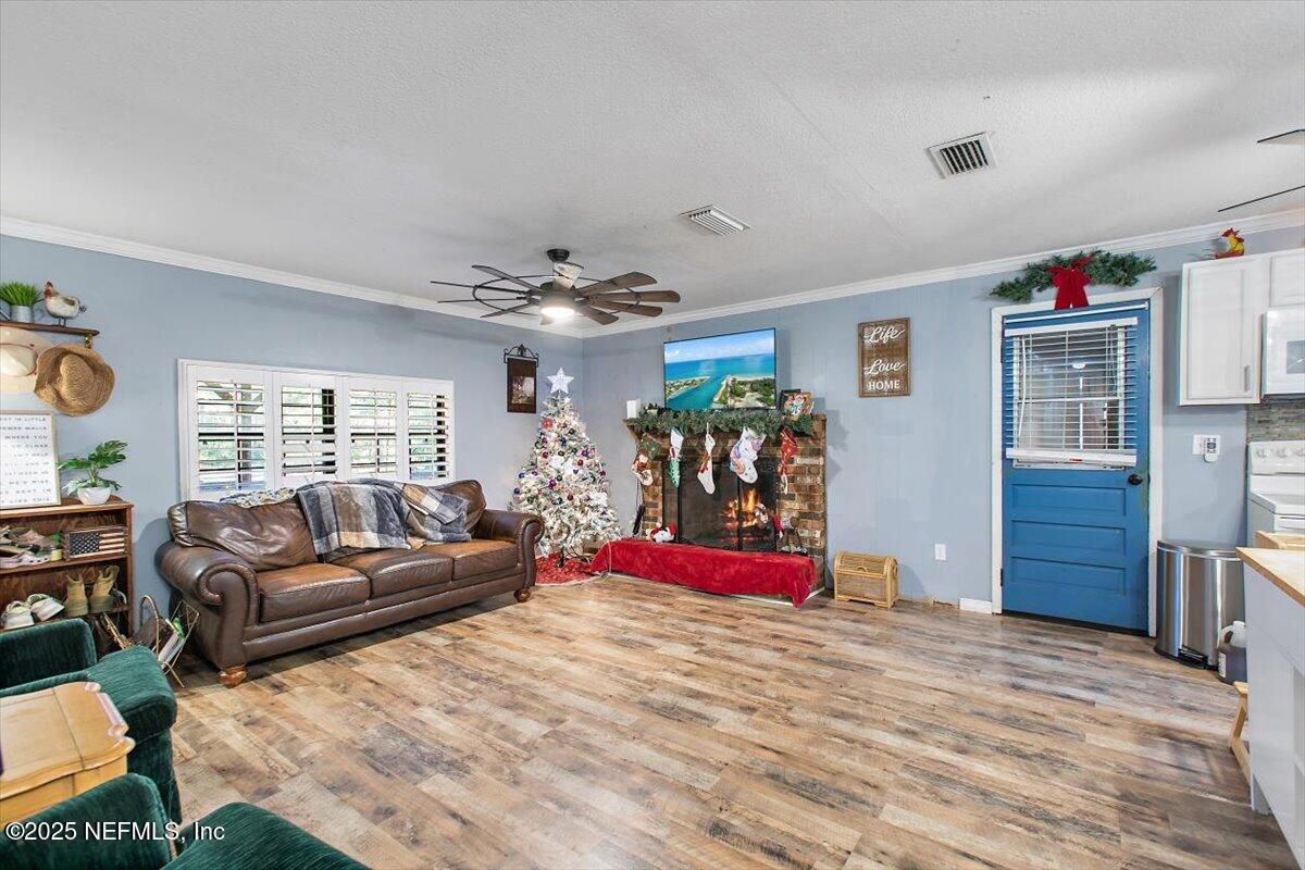 Fireplace, Interior, Kitchen, Living room, Wood Texture Flooring