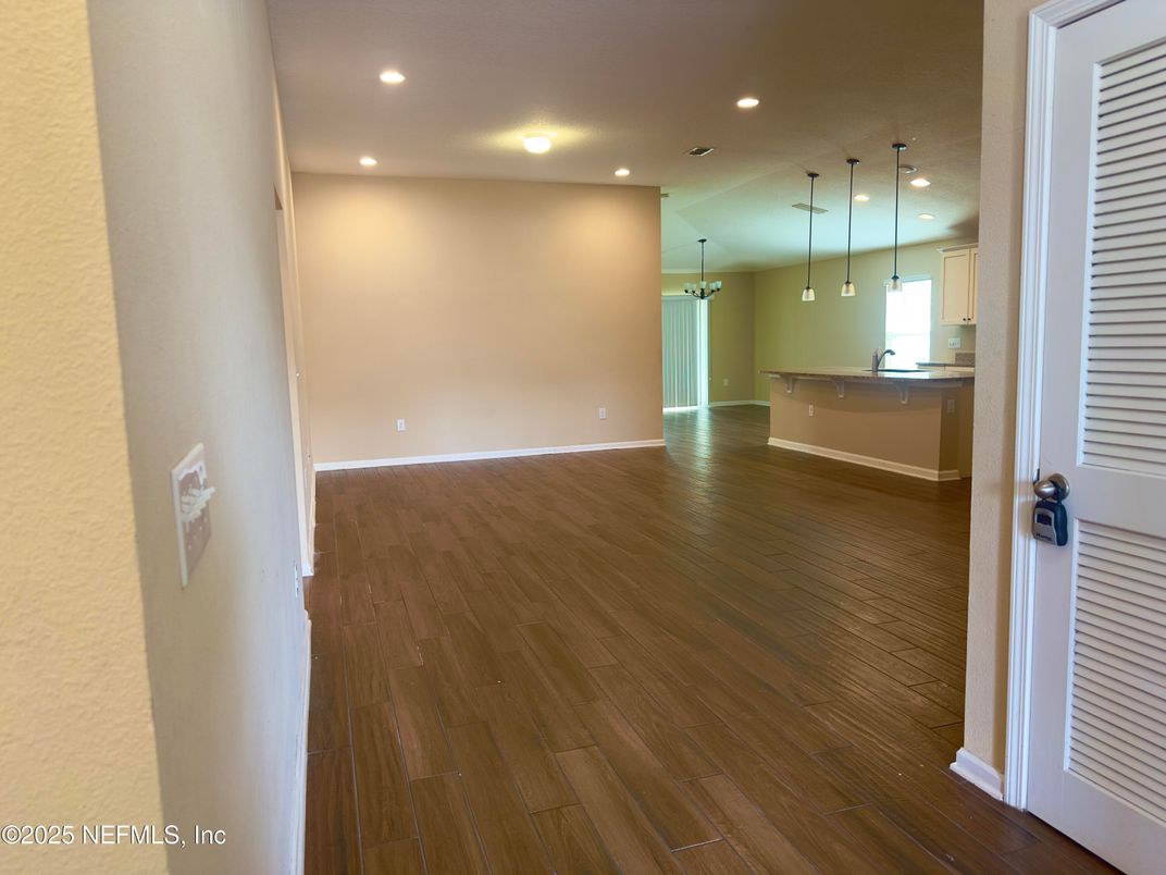Empty room, Interior, Pendant Lights, Recessed Lighting, Wood Texture Flooring