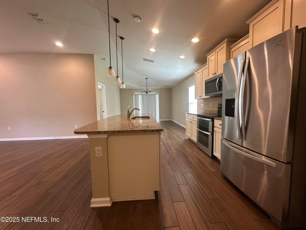 Interior, Kitchen, Pendant Lights, Recessed Lighting, Stainless Steel Appliances, Wood Texture Flooring