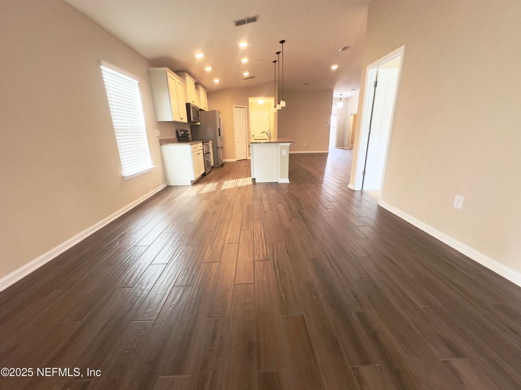 Empty room, Interior, Kitchen, Pendant Lights, Recessed Lighting, Wood Texture Flooring