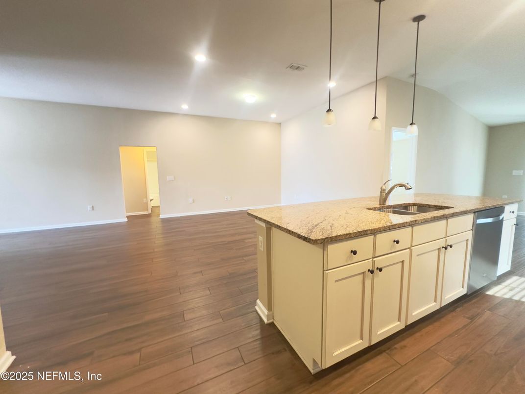 Interior, Kitchen, Pendant Lights, Recessed Lighting, Wood Texture Flooring