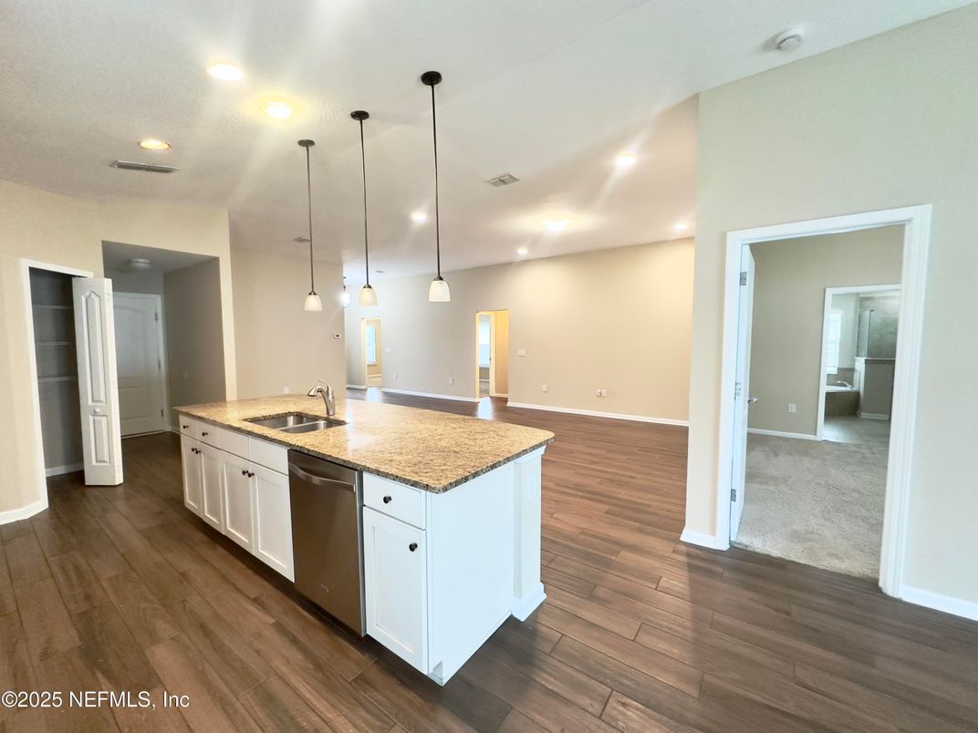 Interior, Kitchen, Pendant Lights, Recessed Lighting, Wood Texture Flooring