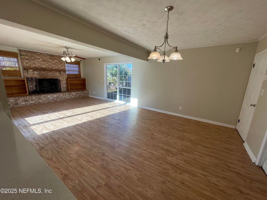 Empty room, Fireplace, Interior, Stone Walls, Wood Texture Flooring