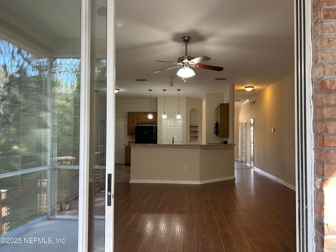 Interior, Kitchen, Pendant Lights, Stone Walls, Wood Texture Flooring