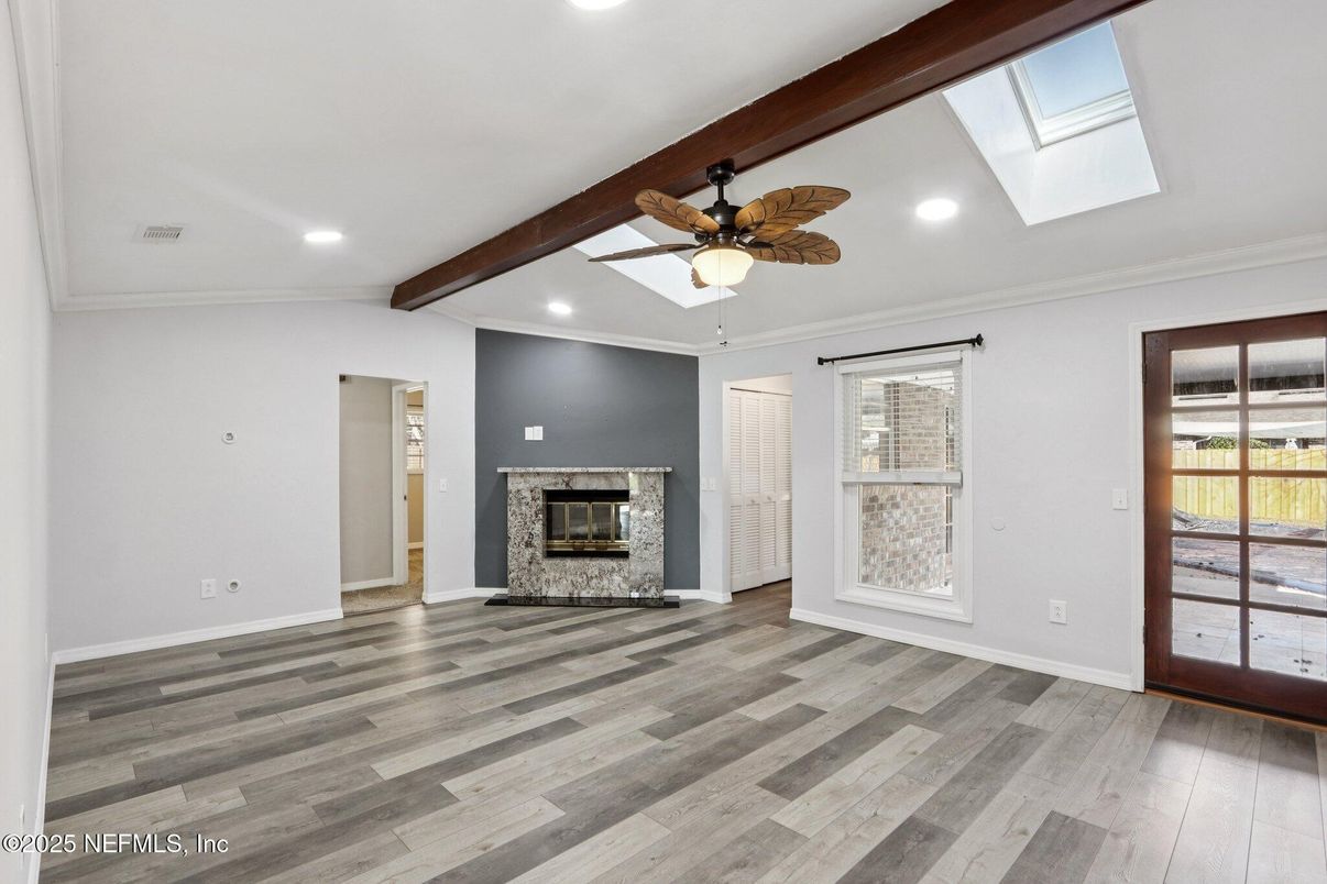 Empty room, Fireplace, Interior, Recessed Lighting, Wooden Beams, Wood Texture Flooring