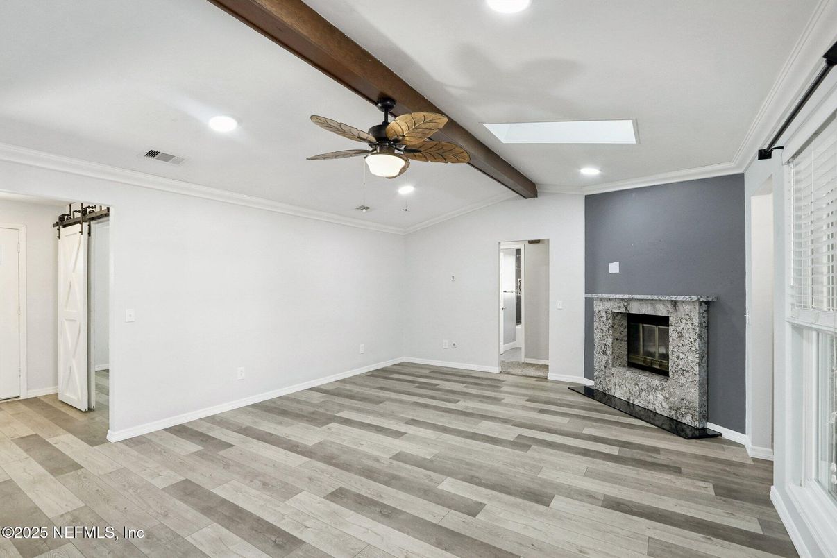 Empty room, Fireplace, Interior, Recessed Lighting, Wooden Beams, Wood Texture Flooring