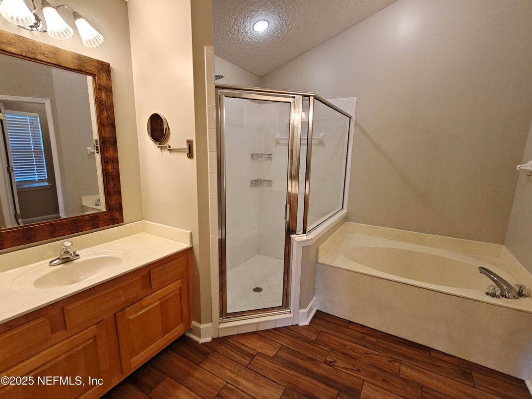 Bathroom, Glass Shower, Interior, Recessed Lighting, Wood Texture Flooring