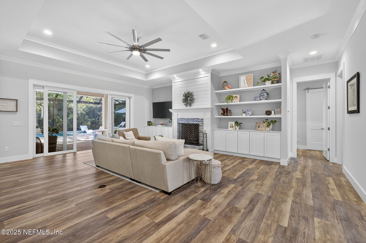 Fireplace, Interior, Living room, Recessed Lighting, Wood Texture Flooring