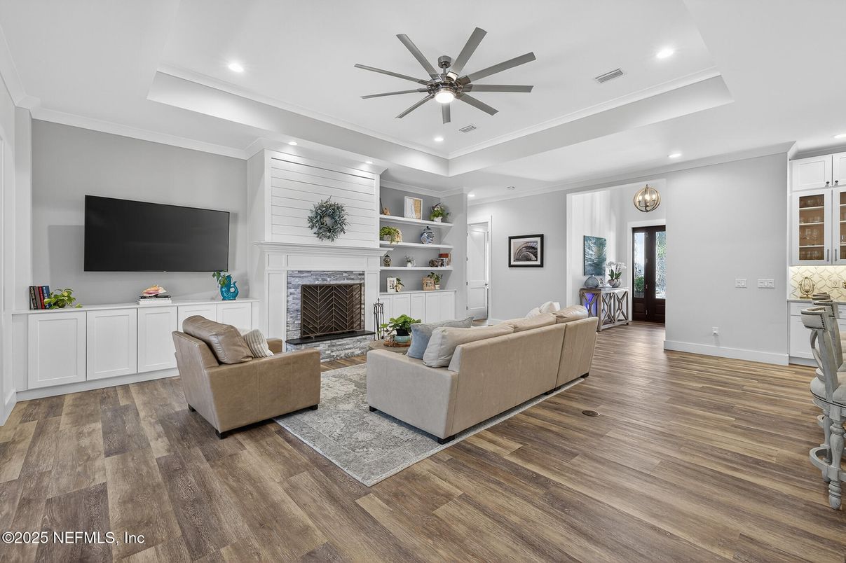 Fireplace, Interior, Living room, Recessed Lighting, Wood Texture Flooring