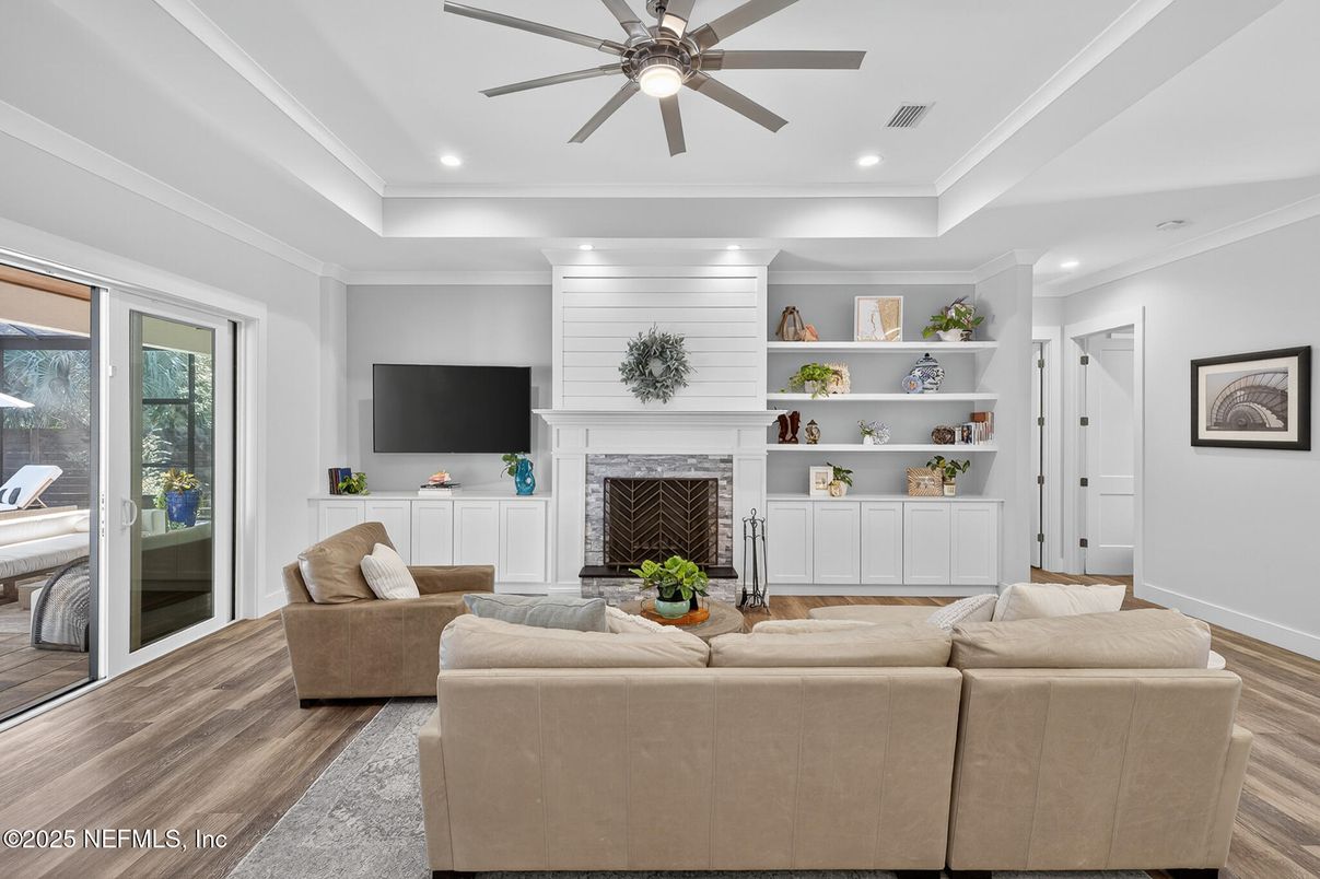 Fireplace, Interior, Living room, Recessed Lighting, Wood Texture Flooring