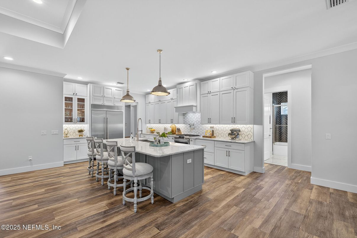Interior, Kitchen, Pendant Lights, Recessed Lighting, Stainless Steel Appliances, Wood Texture Flooring
