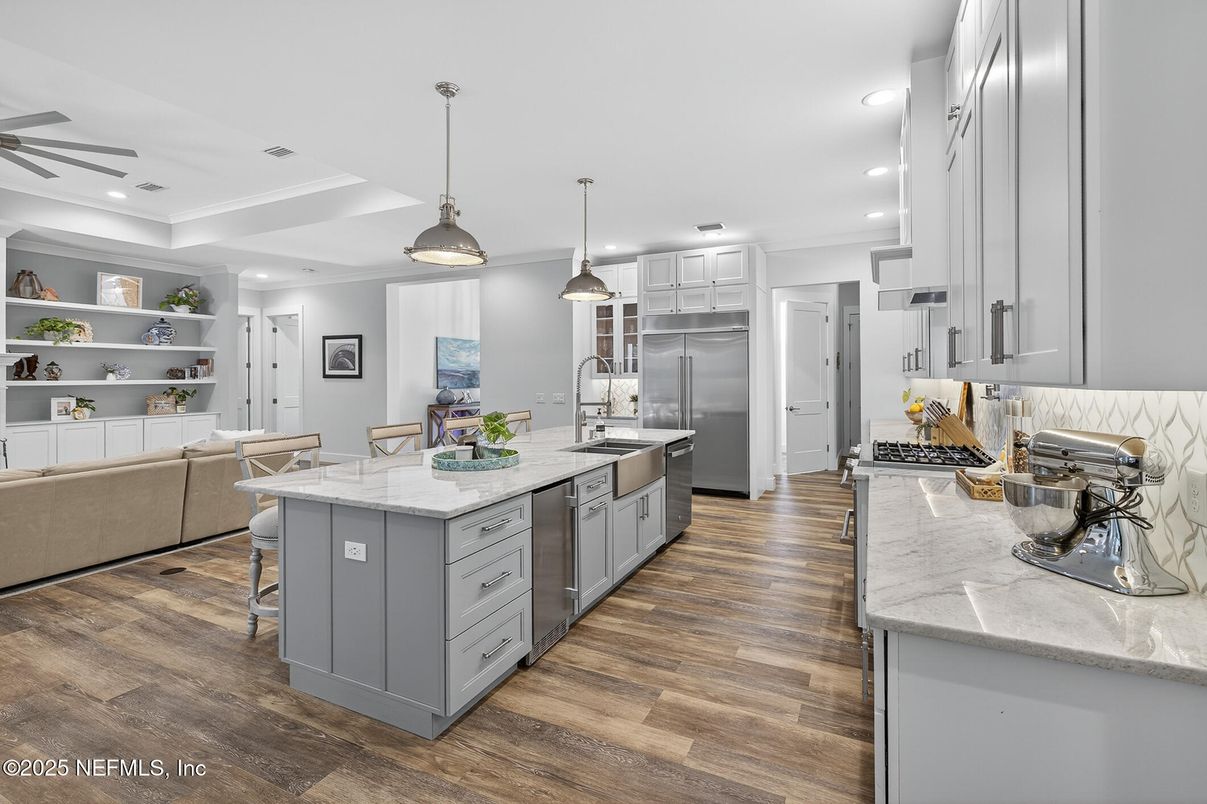 Interior, Kitchen, Pendant Lights, Recessed Lighting, Stainless Steel Appliances, Wood Texture Flooring