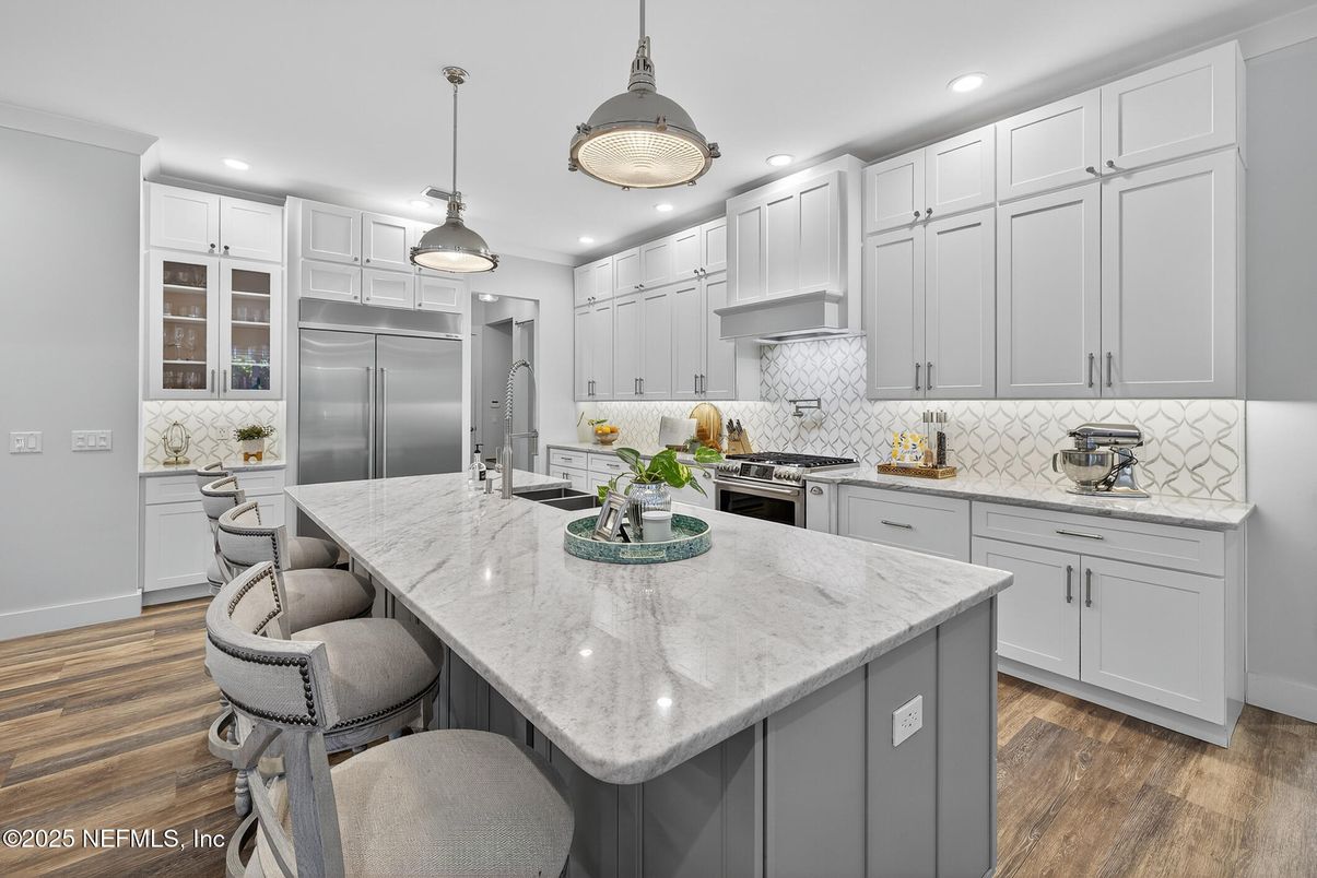 Interior, Kitchen, Pendant Lights, Recessed Lighting, Stainless Steel Appliances, Wood Texture Flooring