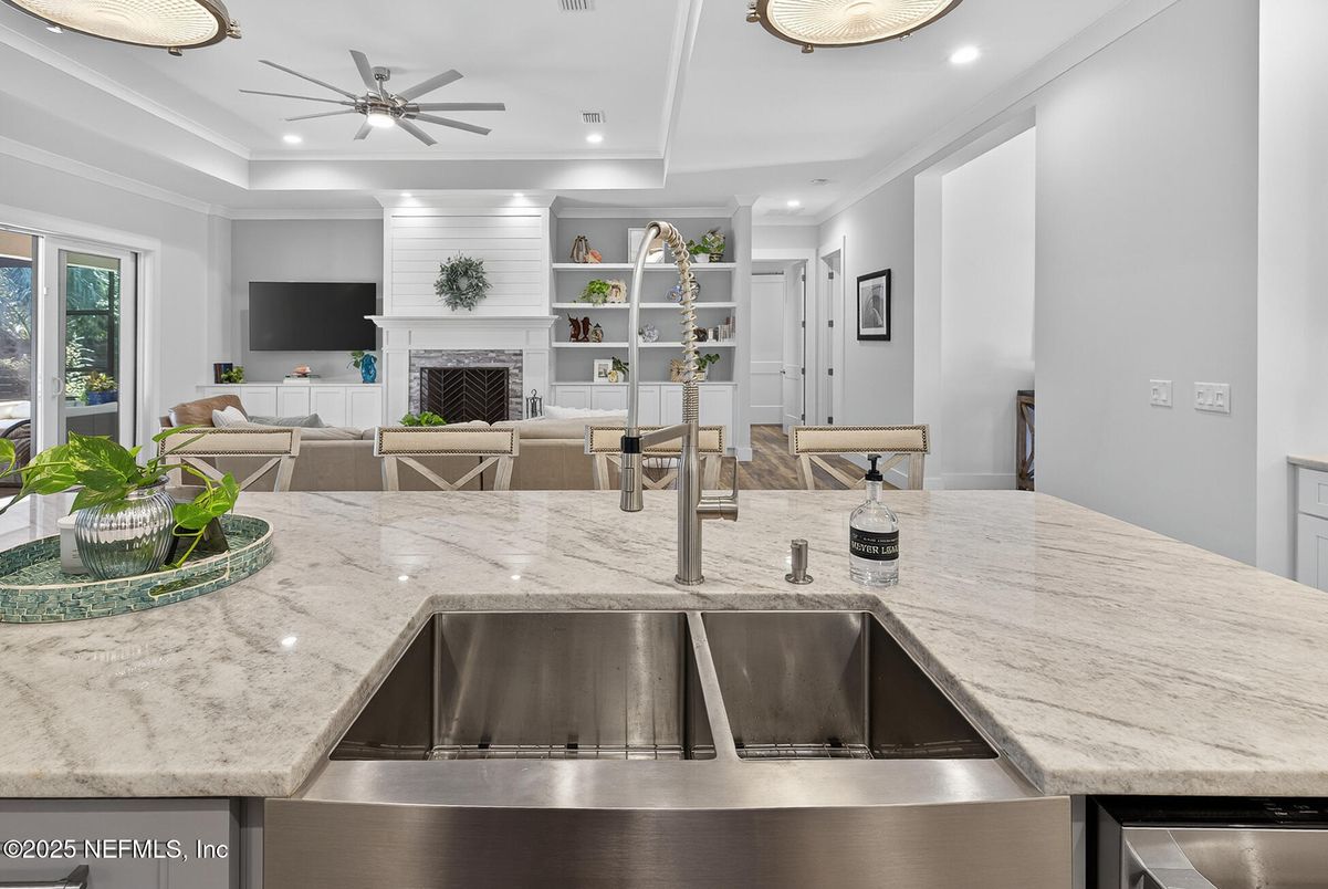 Fireplace, Interior, Kitchen, Living room, Recessed Lighting, Wood Texture Flooring