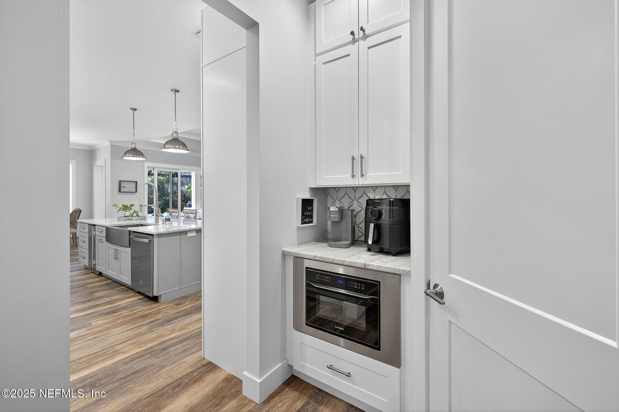 Interior, Kitchen, Pendant Lights, Tile Countertops, Wood Texture Flooring