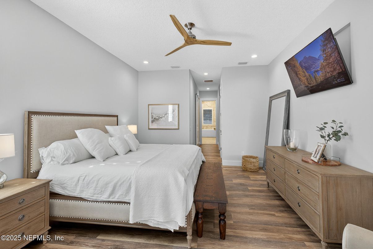 Bedroom, Interior, Recessed Lighting, Wood Texture Flooring