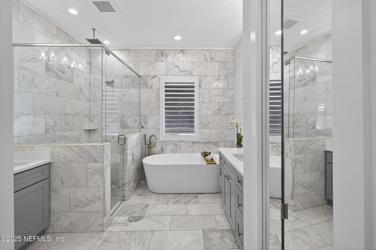 Bathroom, Free Standing Baths, Glass Shower, Interior, Marble, Marble Walls, Recessed Lighting