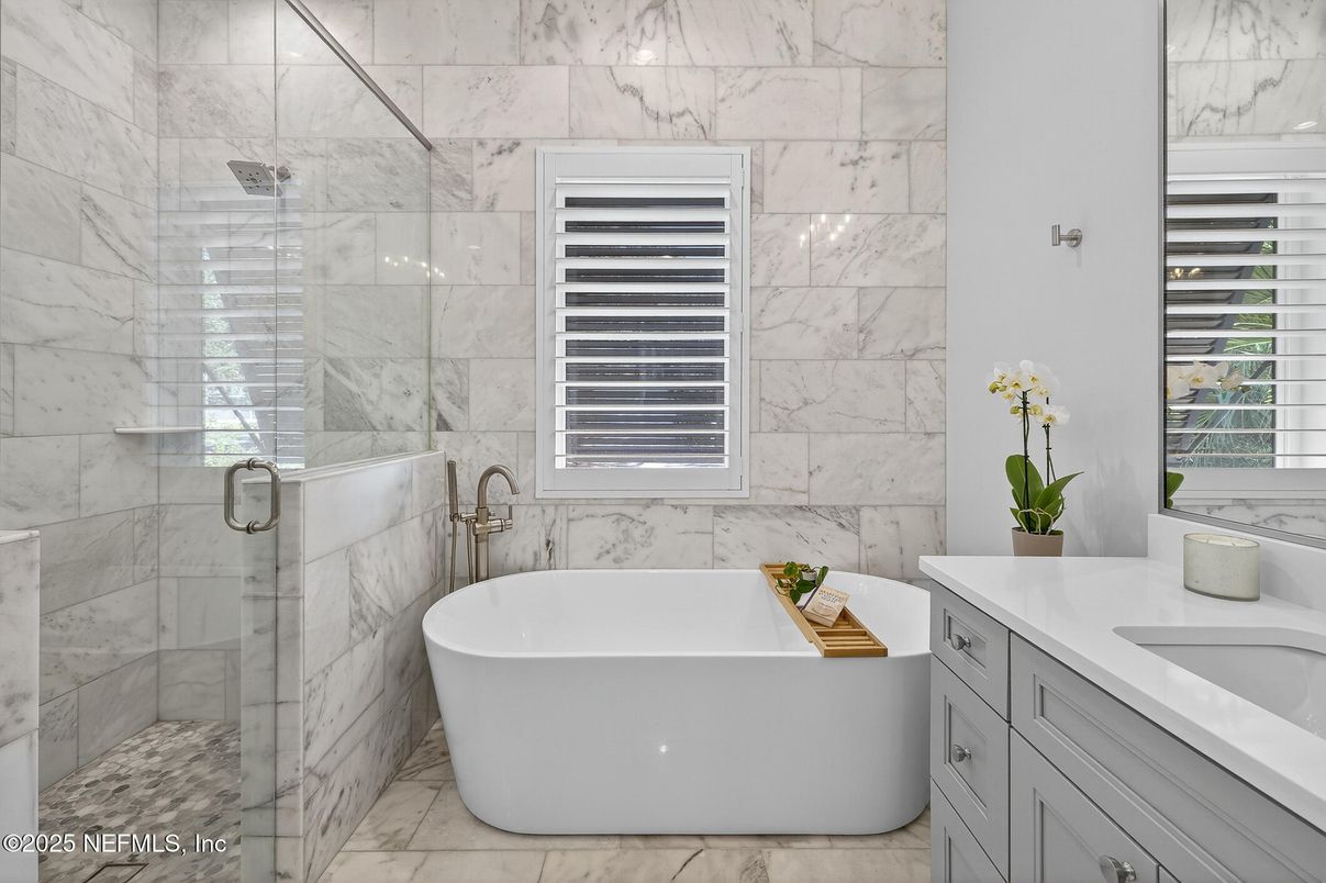 Bathroom, Free Standing Baths, Glass Shower, Interior, Marble, Marble Walls