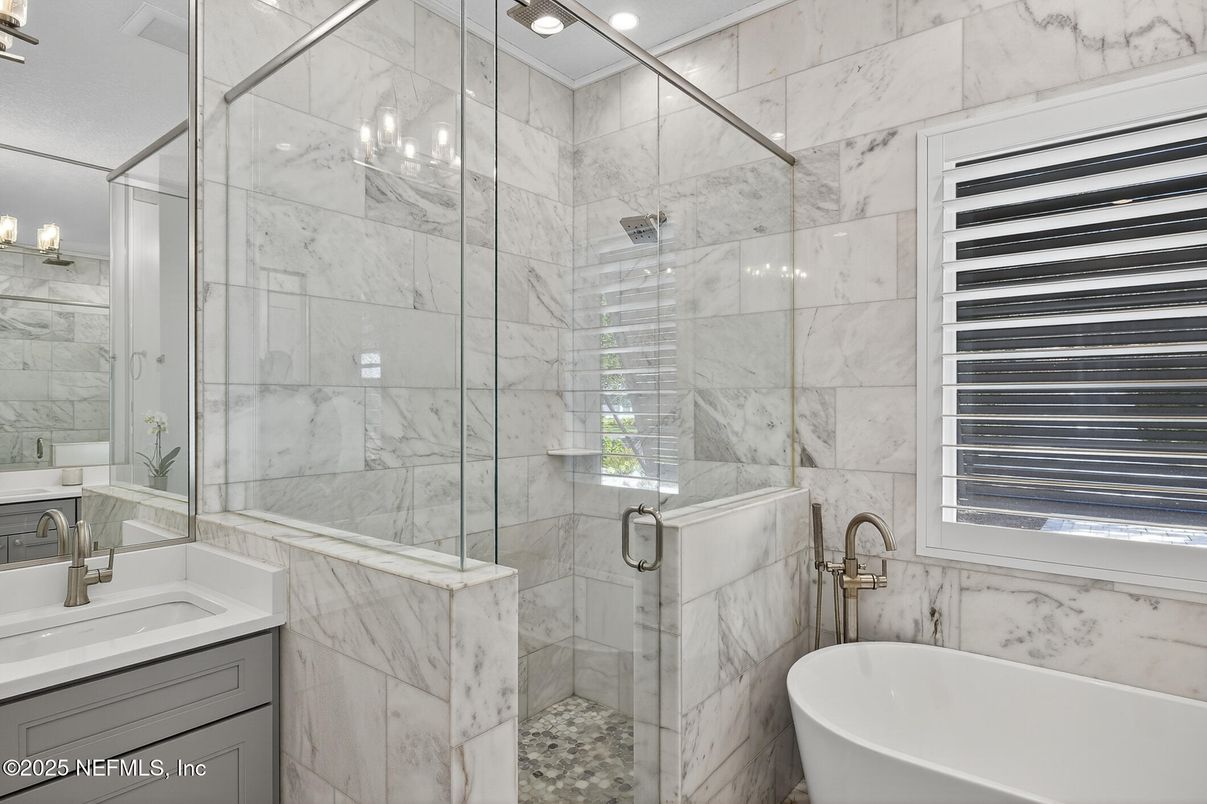 Bathroom, Free Standing Baths, Glass Shower, Interior, Marble Walls