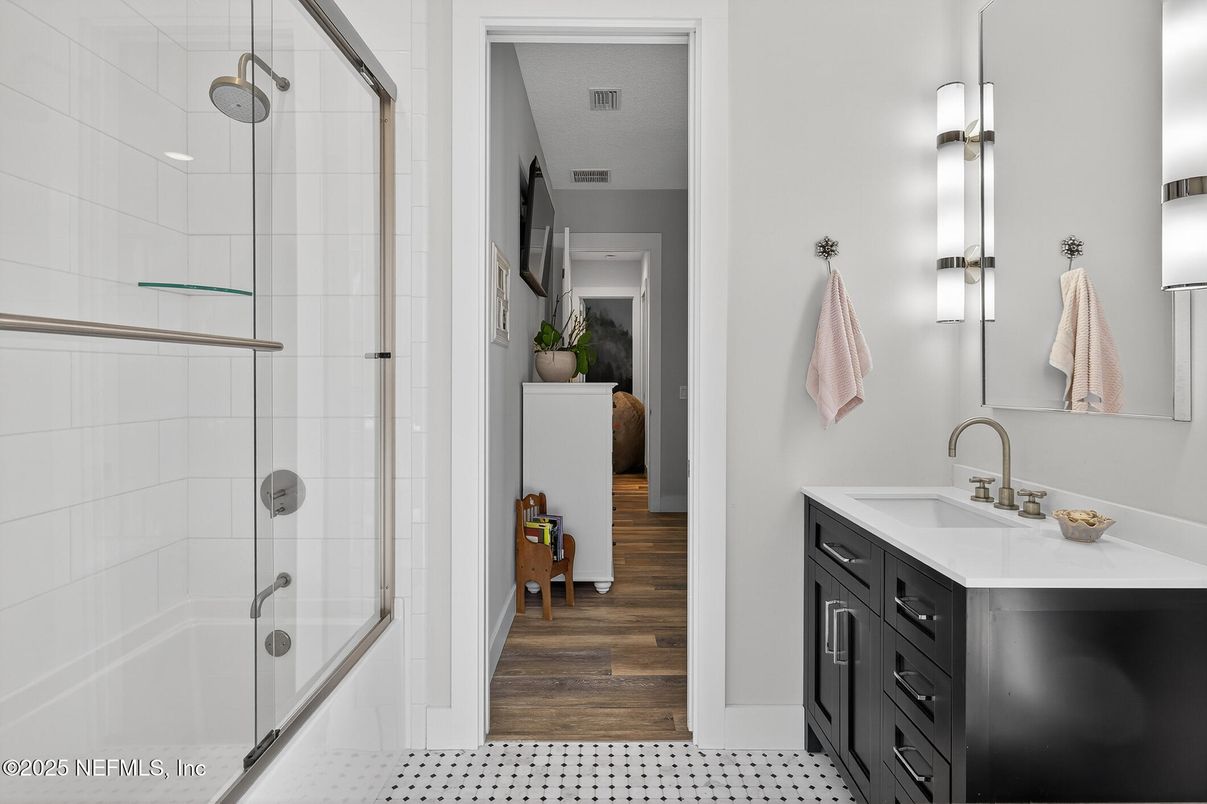 Bathroom, Glass Shower, Interior, Wood Texture Flooring