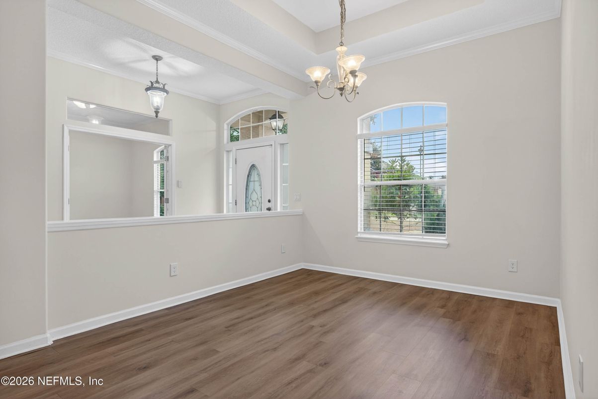 Chandelier, Empty room, Interior, Pendant Lights, Wood Texture Flooring
