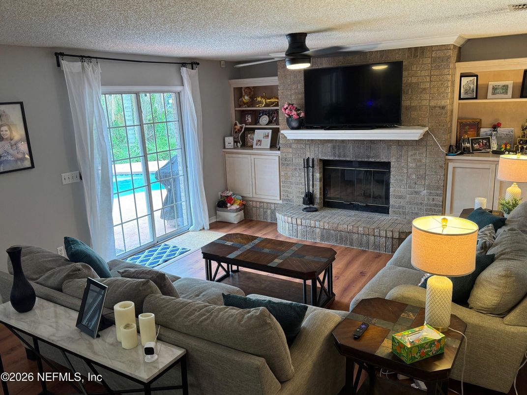 Fireplace, Interior, Living room, Stone Walls, Wood Texture Flooring