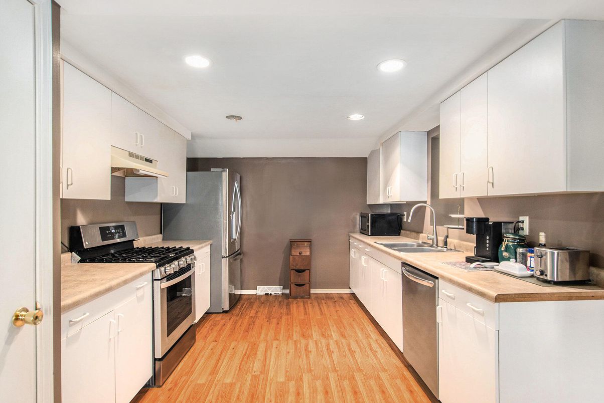 Interior, Kitchen, Recessed Lighting, Stainless Steel Appliances, Wood Texture Flooring