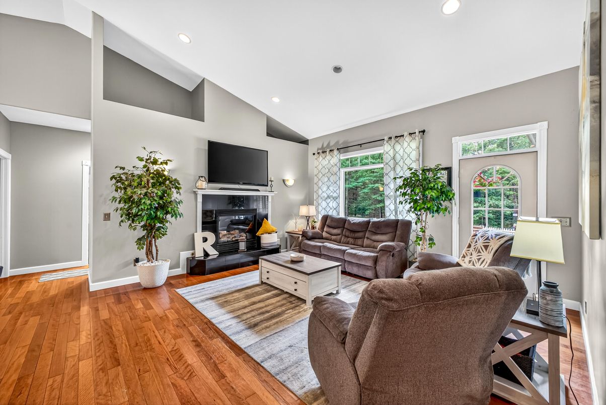 Fireplace, Interior, Living room, Recessed Lighting, Wood Texture Flooring