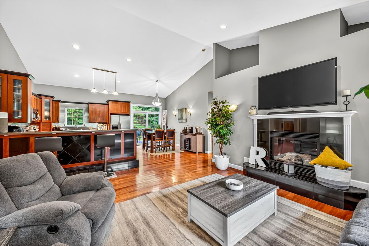 Dining room, Fireplace, Interior, Kitchen, Living room, Pendant Lights, Recessed Lighting, Wood Texture Flooring