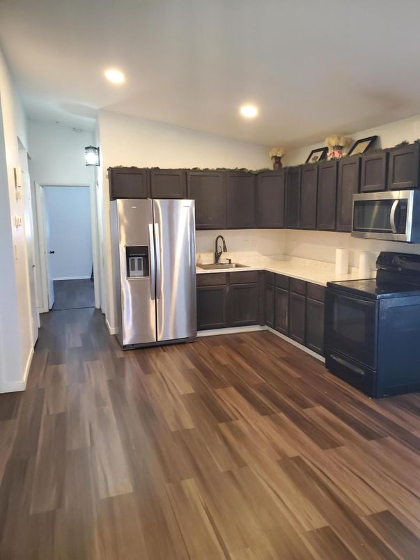 Interior, Kitchen, Recessed Lighting, Stainless Steel Appliances, Wood Texture Flooring