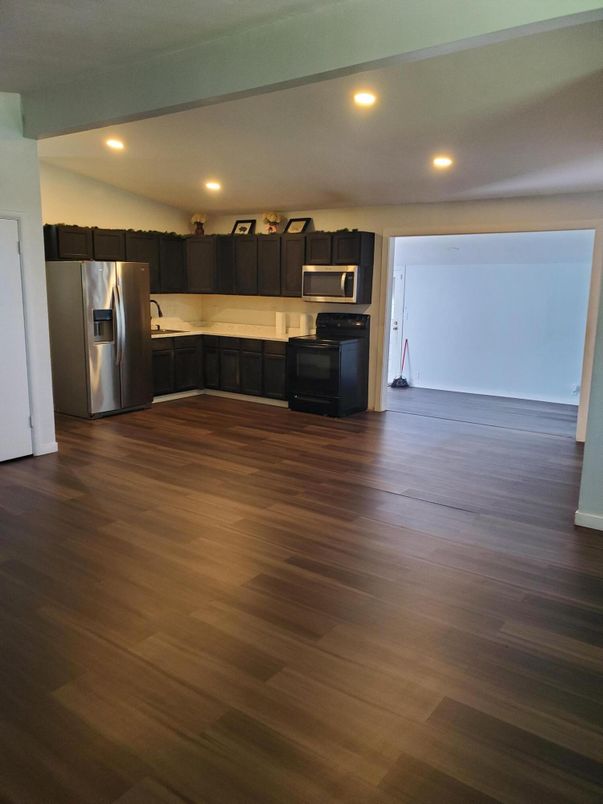 Interior, Kitchen, Recessed Lighting, Stainless Steel Appliances, Wood Texture Flooring