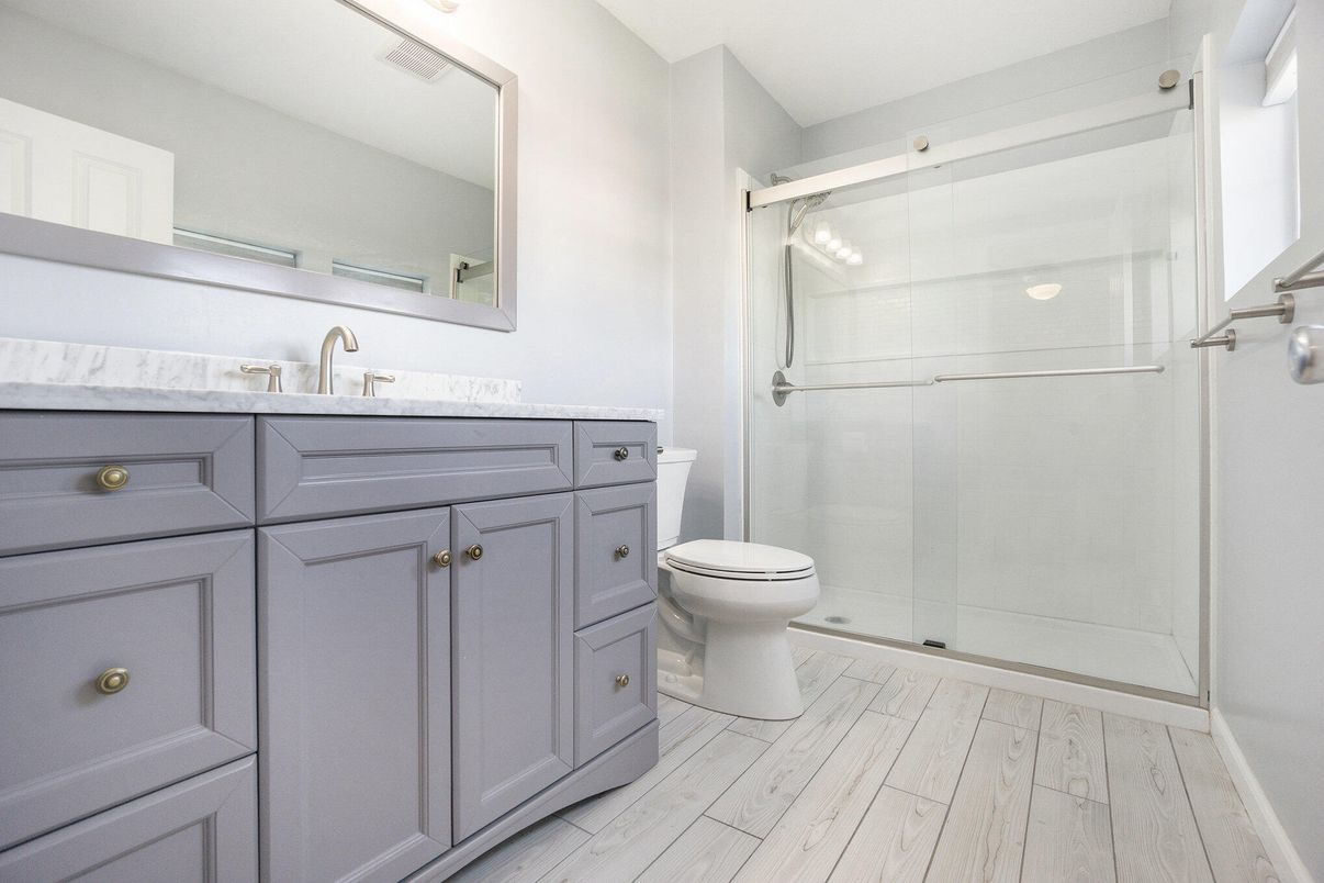 Bathroom, Glass Shower, Interior, Wood Texture Flooring