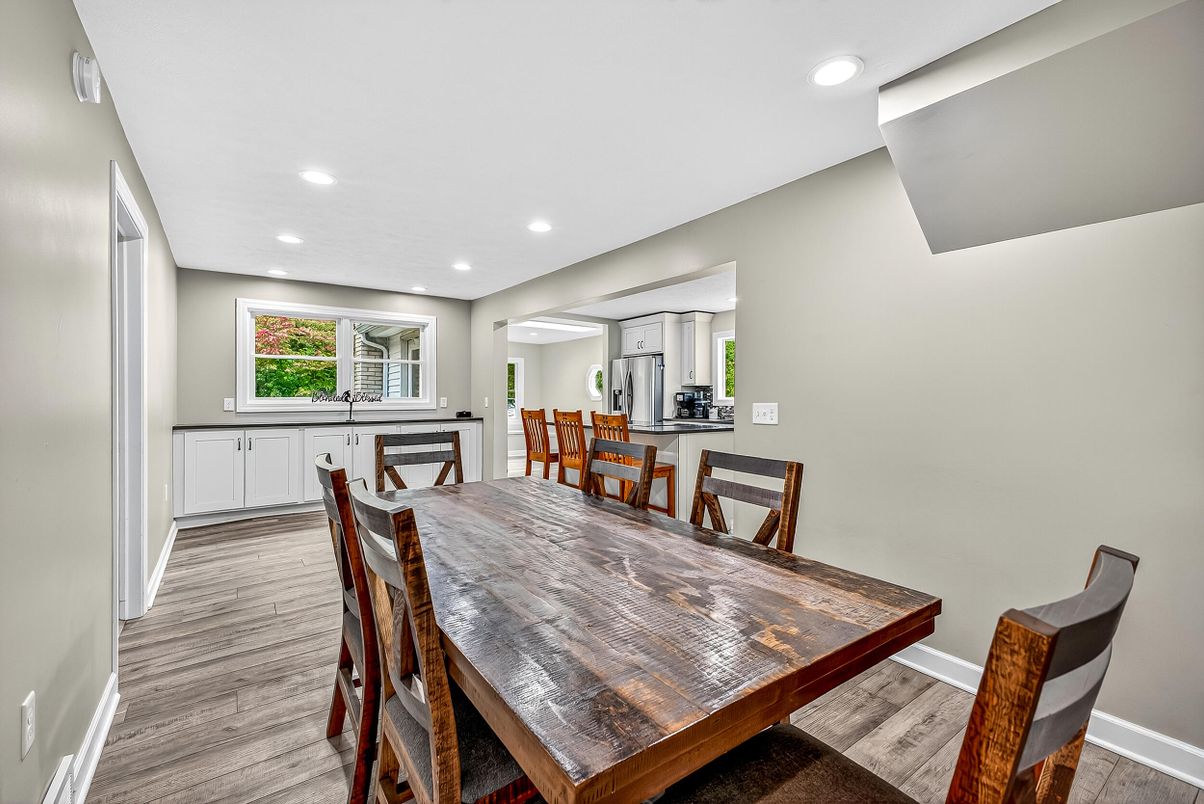 Dining room, Interior, Recessed Lighting, Wood Texture Flooring